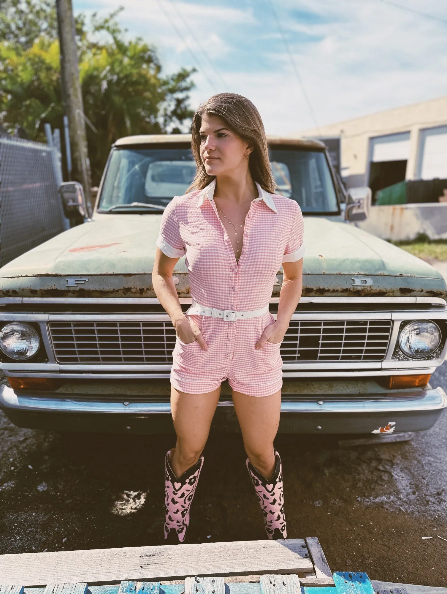 Strawberry Wine Pink Gingham Print Denim Romper