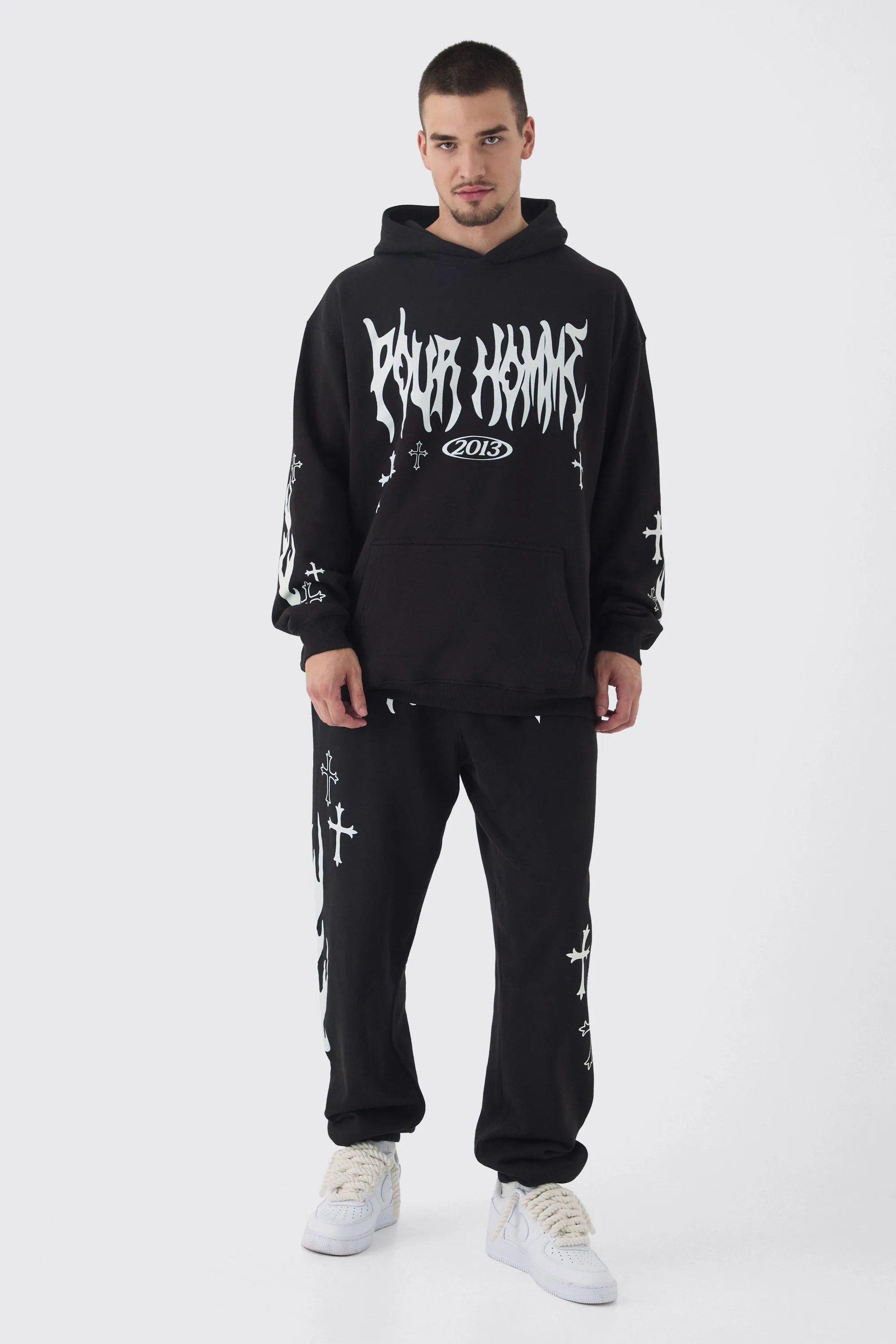 Tall Pour Homme Cross Print Oversized Tracksuit in Black | boohooMAN UK