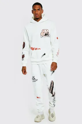 Tall Varsity Graffiti Puff Hooded Tracksuit | boohooMAN UK