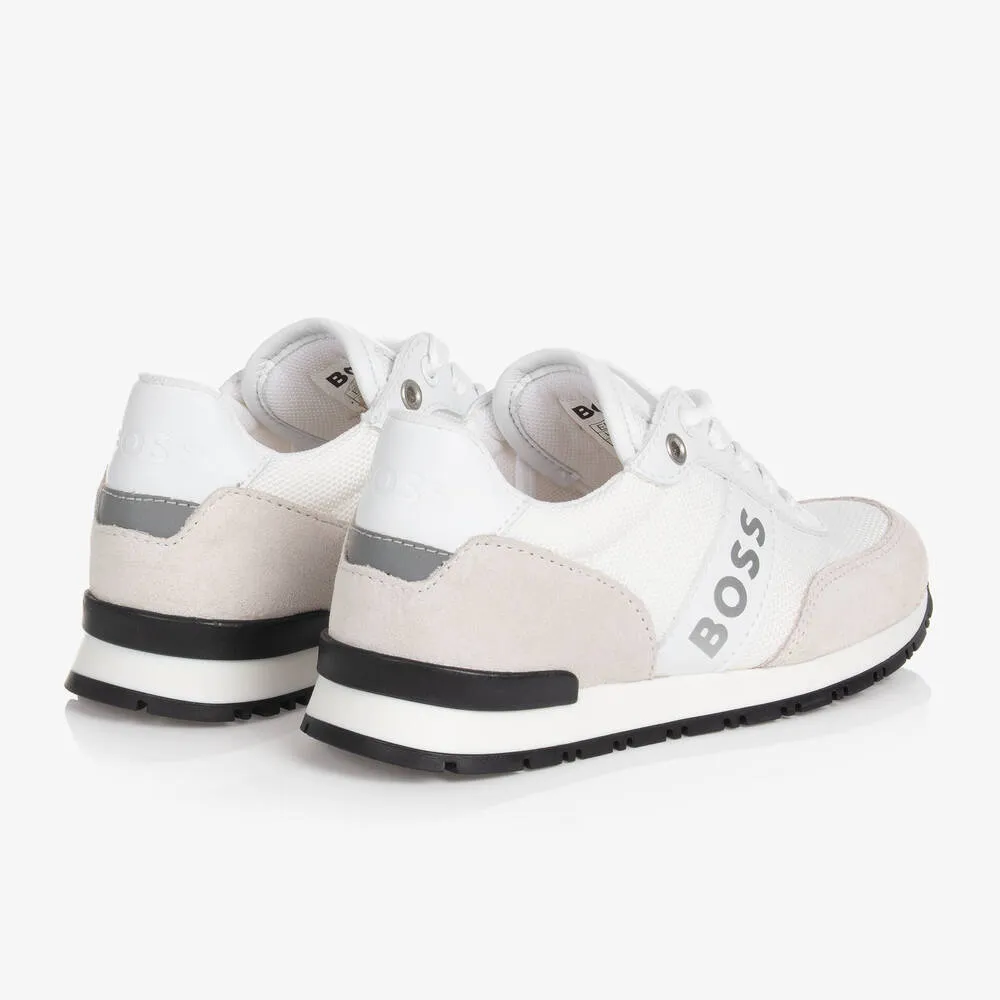 Teen Boys White Suede Leather Logo Trainers