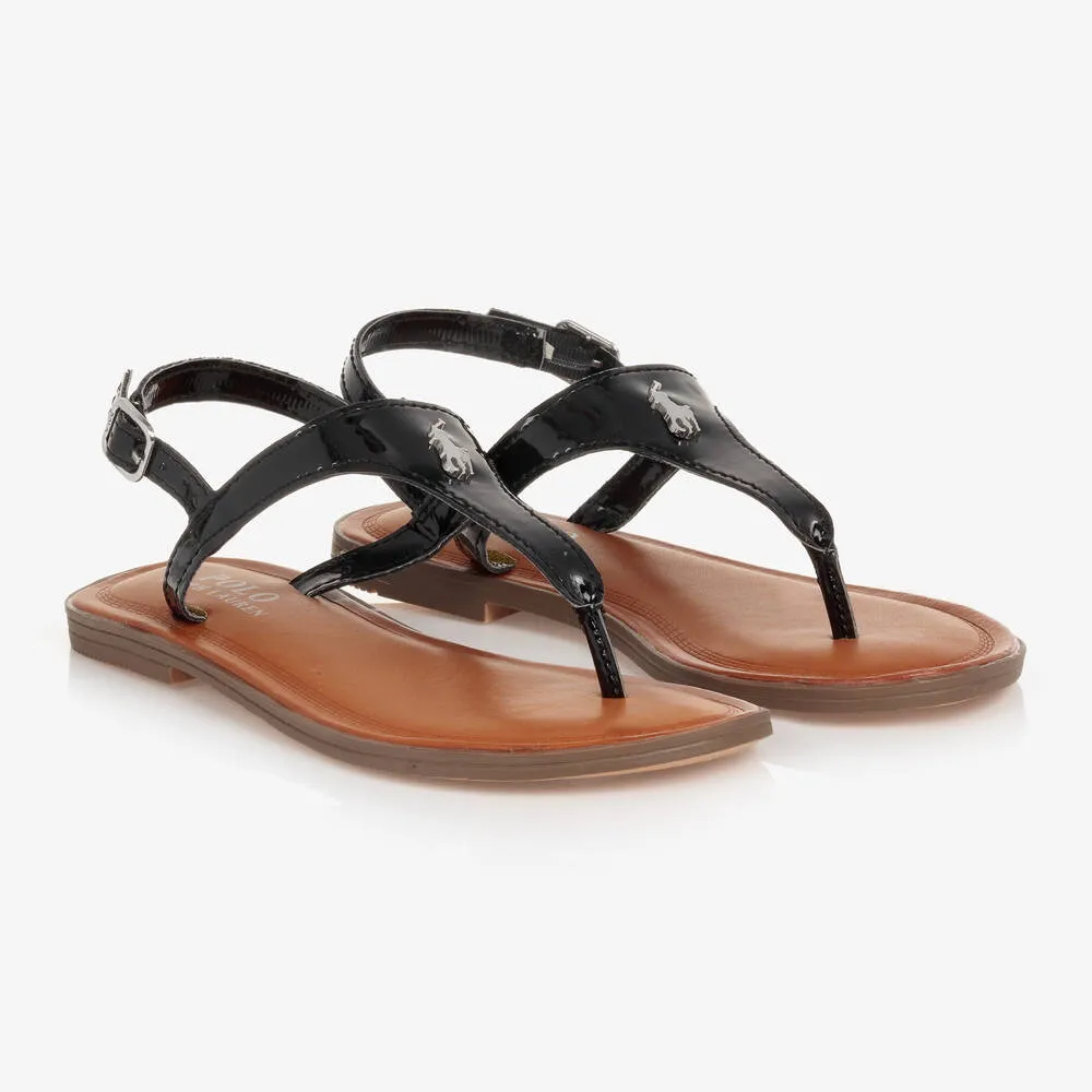 Teen Girls Black Faux Leather Logo Sandals