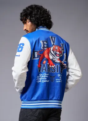 Tiger Printed Blue & White Varsity Jacket for Men