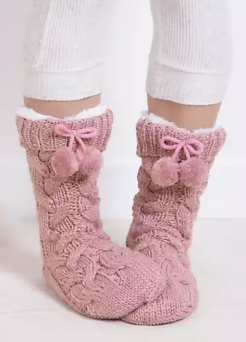 Totes Ladies Pack of 1 Luxury Dusty Pink Knitted Slipper-Socks with Pom