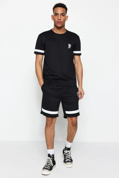 Tracksuit Set Regular Cut Embroidered Contrast Paneled T-Shirt/Shorts