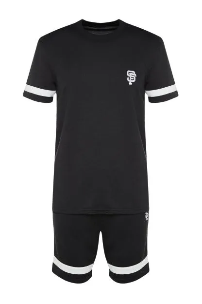 Tracksuit Set Regular Cut Embroidered Contrast Paneled T-Shirt/Shorts