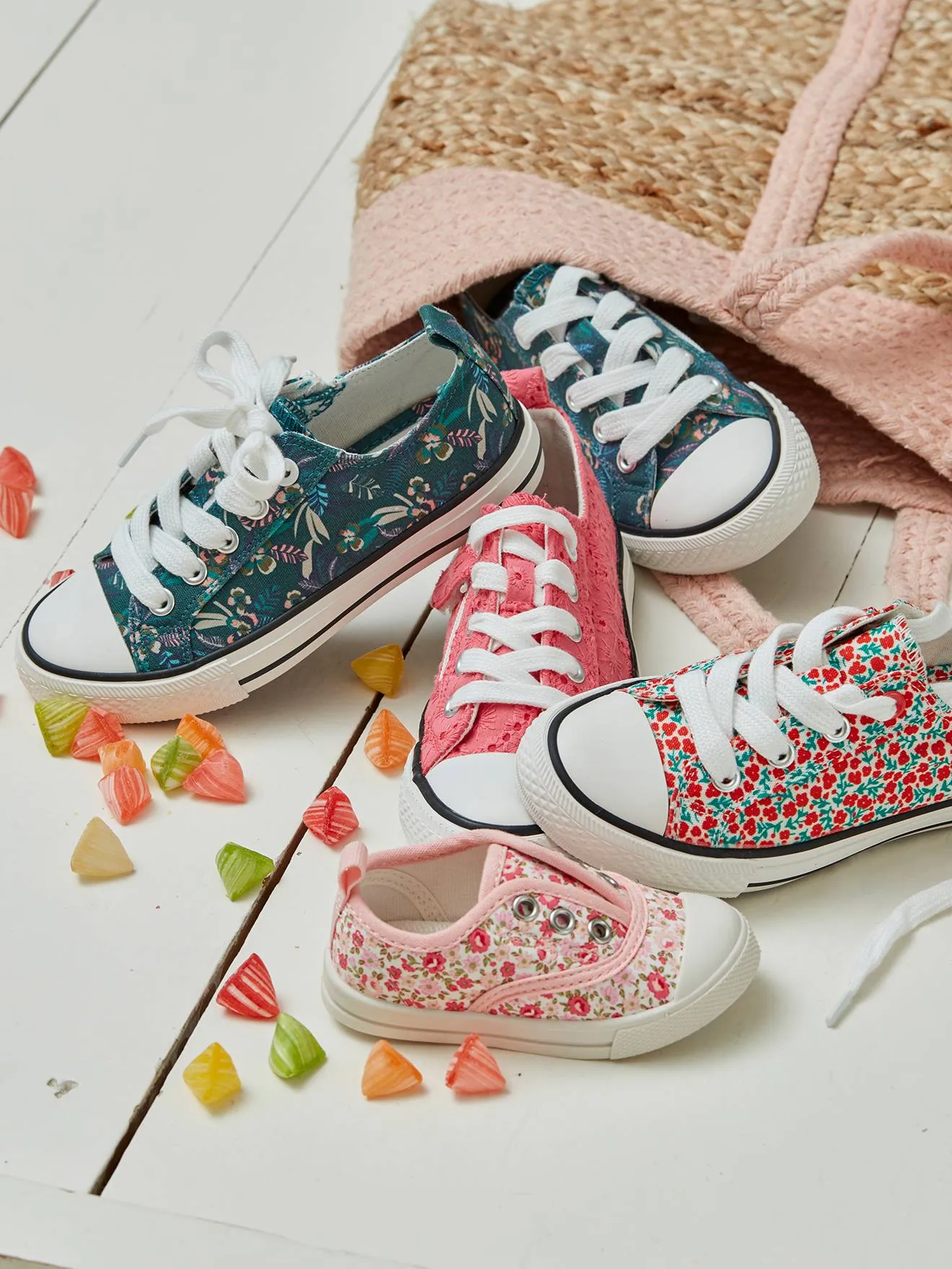 Trainers in Fancy Fabric, for Girls - green dark all over printed