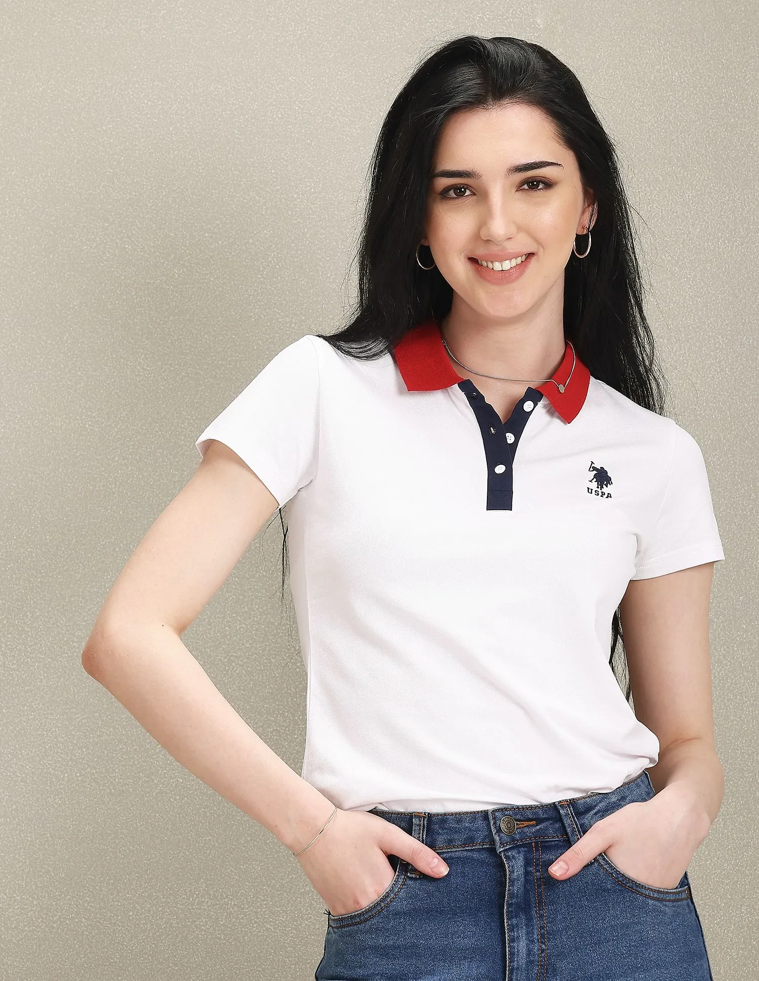 U.S. Polo Assn. Women Contrast Collar Solid Polo Shirt