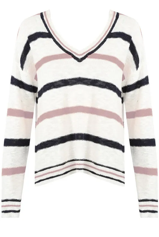 V Neck Jumper With Pink And Navy Stripe