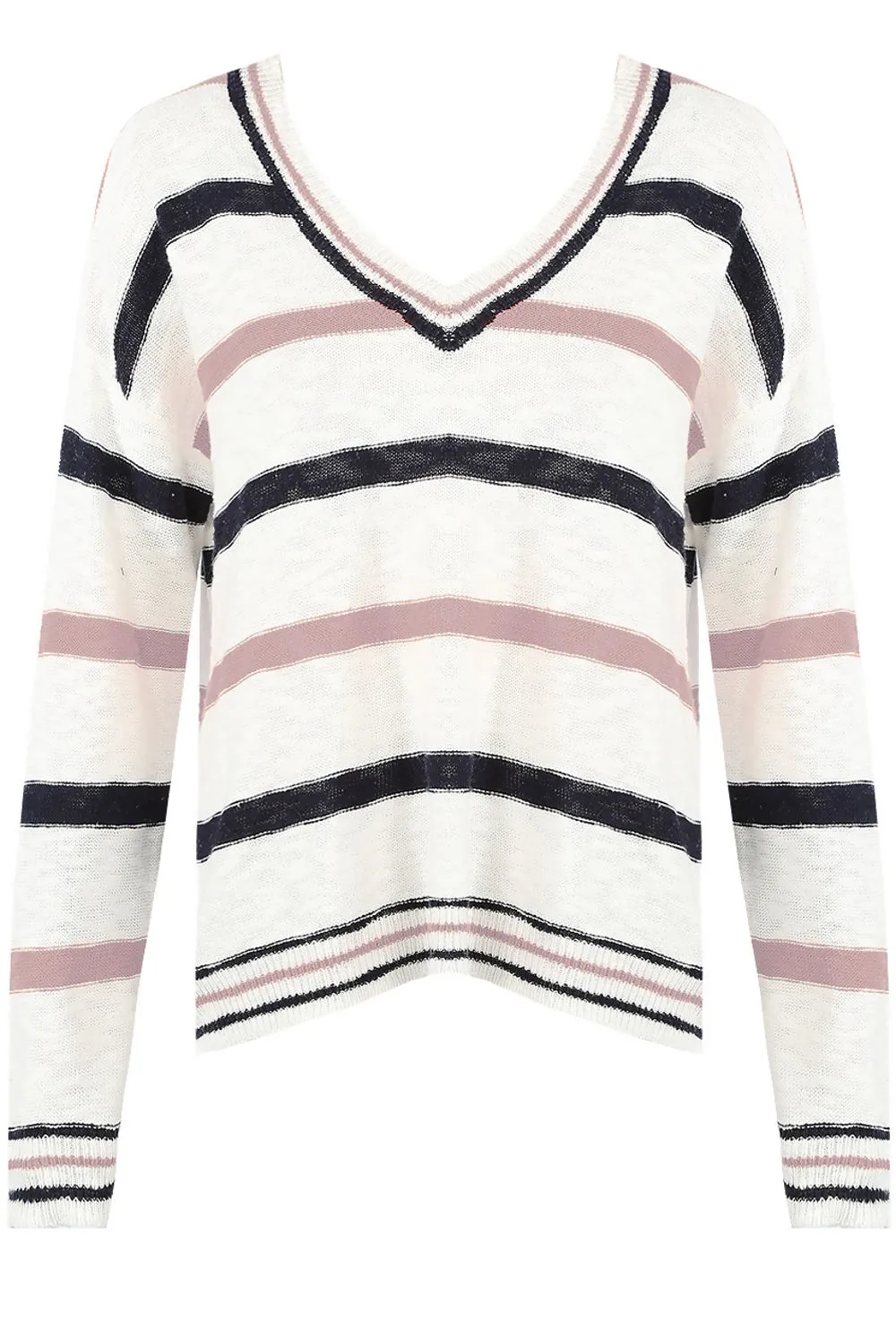 V Neck Jumper With Pink And Navy Stripe