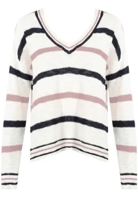 V Neck Jumper With Pink And Navy Stripe