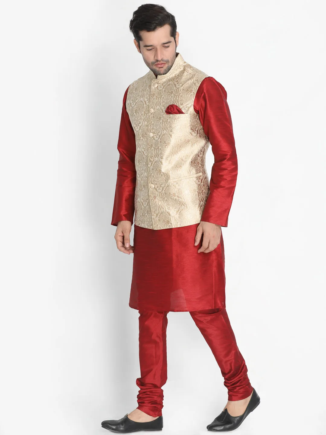 VASTRAMAY Men's Rose Gold Jacquard Jacket With Kurta Pyjama Set