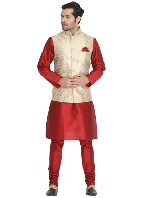 VASTRAMAY Men's Rose Gold Jacquard Jacket With Kurta Pyjama Set