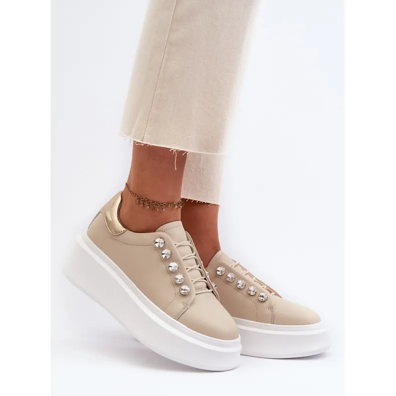 Women's Leather Sneakers on a Massive Platform Beige S.Barski LR628