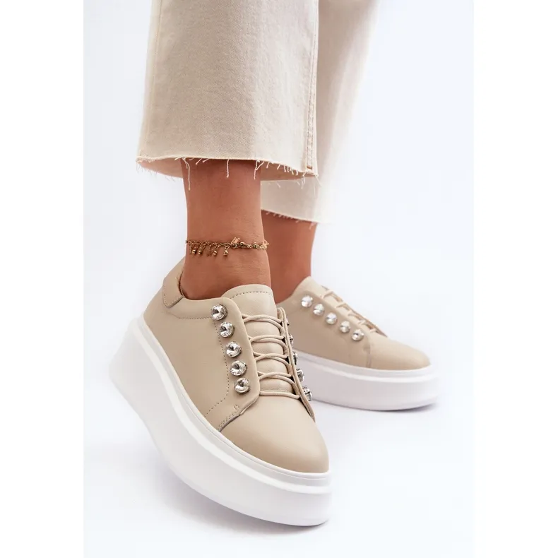 Women's Leather Sneakers on a Massive Platform Beige S.Barski LR628