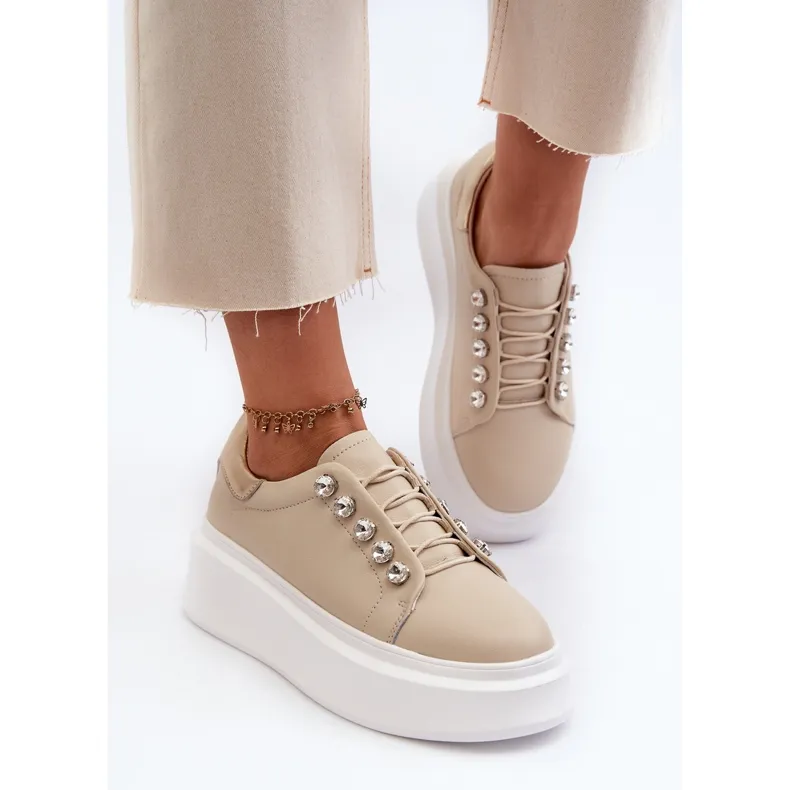 Women's Leather Sneakers on a Massive Platform Beige S.Barski LR628