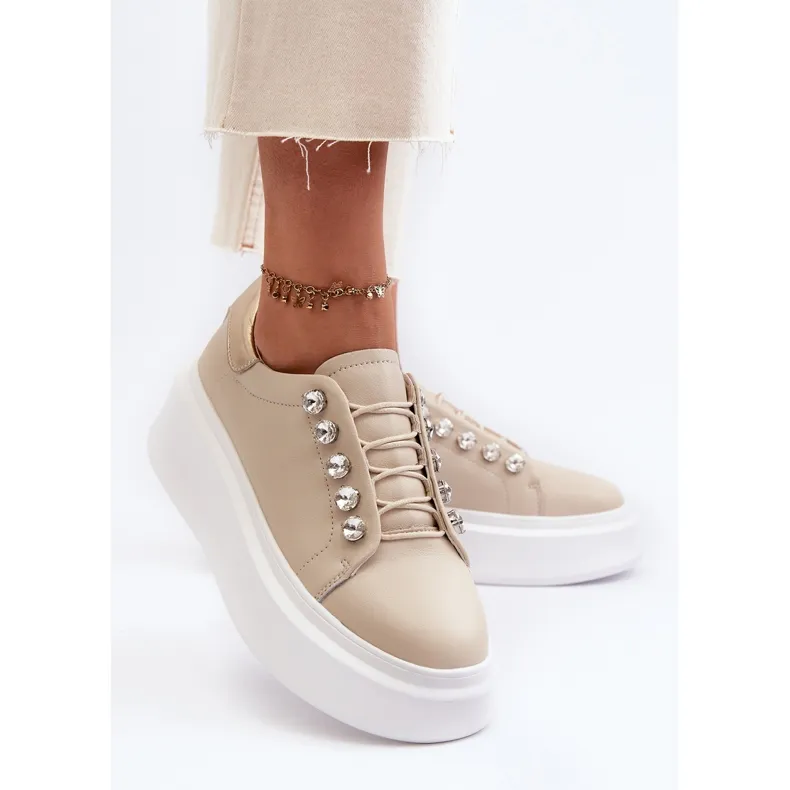 Women's Leather Sneakers on a Massive Platform Beige S.Barski LR628