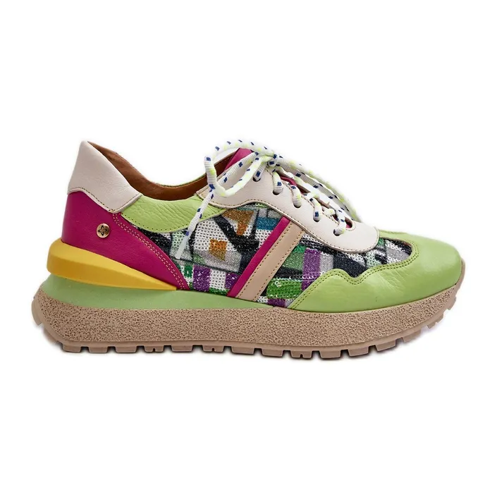 Women's Leather Sneakers on the Platform Maciejka 06322-09 Green-Pink