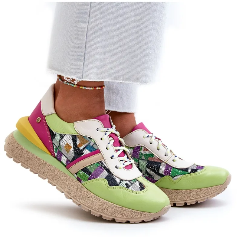 Women's Leather Sneakers on the Platform Maciejka 06322-09 Green-Pink