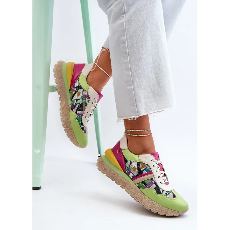 Women's Leather Sneakers on the Platform Maciejka 06322-09 Green-Pink