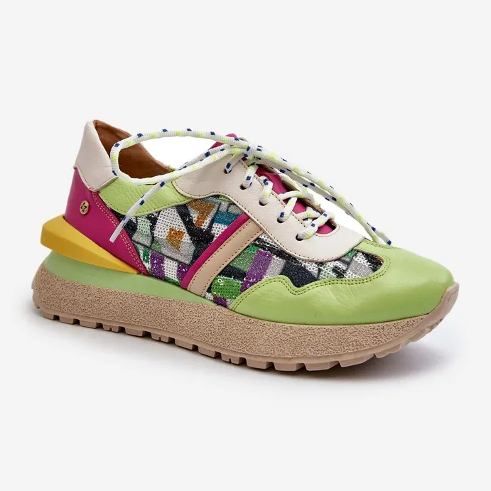 Women's Leather Sneakers on the Platform Maciejka 06322-09 Green-Pink