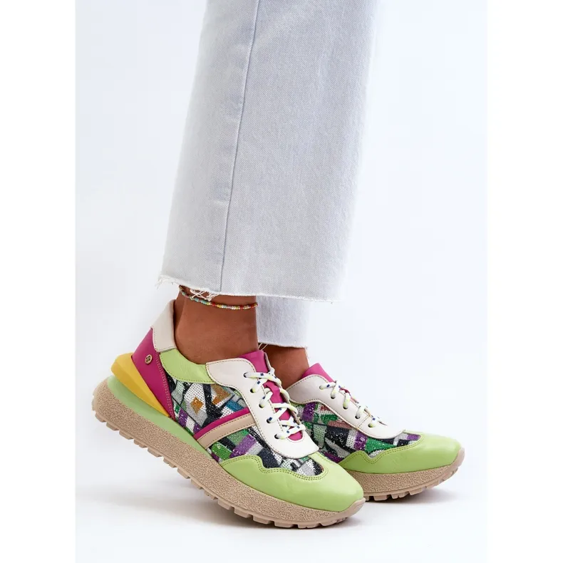 Women's Leather Sneakers on the Platform Maciejka 06322-09 Green-Pink