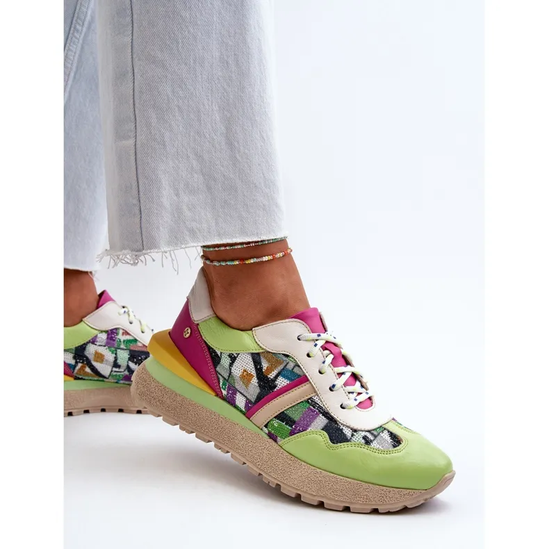 Women's Leather Sneakers on the Platform Maciejka 06322-09 Green-Pink