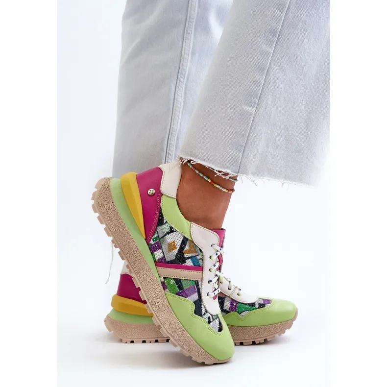 Women's Leather Sneakers on the Platform Maciejka 06322-09 Green-Pink