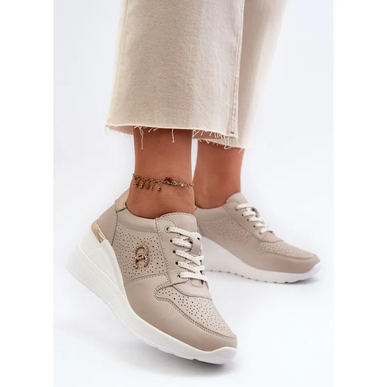 Women's Leather Wedge Sneakers Beige S.Barski LR810