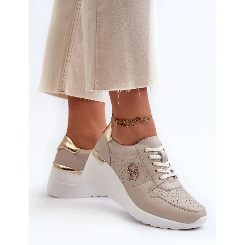 Women's Leather Wedge Sneakers Beige S.Barski LR810