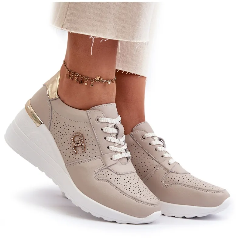 Women's Leather Wedge Sneakers Beige S.Barski LR810