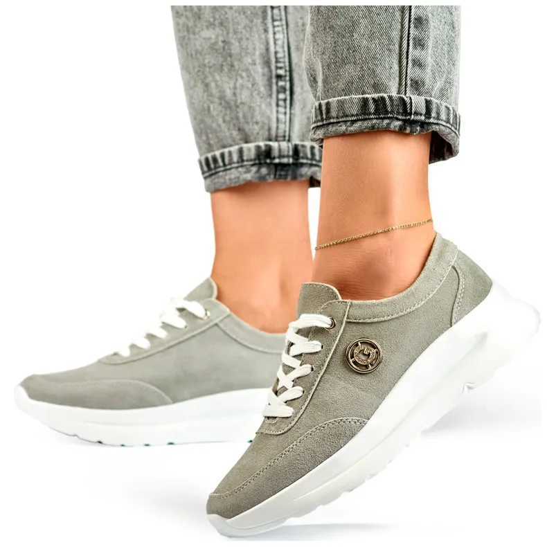 Women's sneakers made of natural leather in gray grey